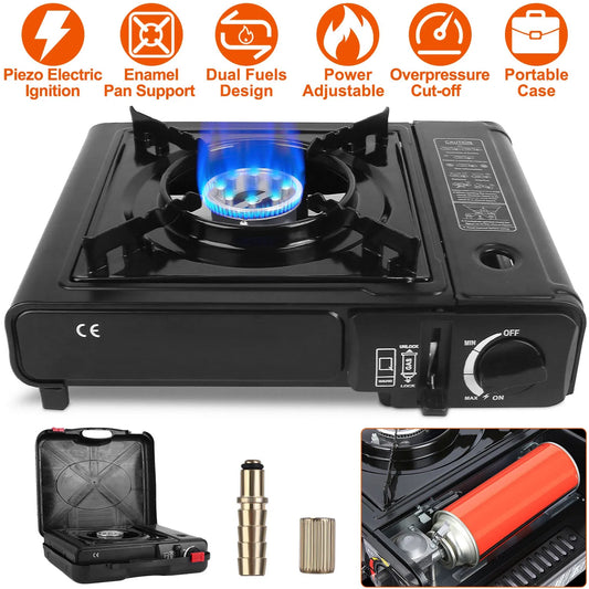 3300W Portable Camping Stove Butane Canister Dual Fuel Burner Piezo Electric Ignition Single Burner With Automatic Tank Ejection Overpressure Cut Off Carry Case For Camping Hiking Picnic Fishing